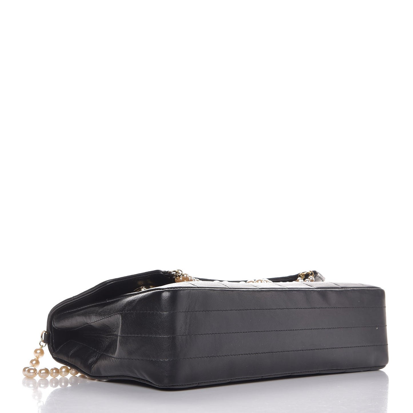 Lambskin Chocolate Bar Pearl Chain Flap Black