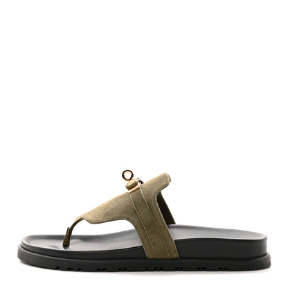 Hermes Suede Goatskin Womens Empire Sandals 37 Vert Toundra 1 of 8