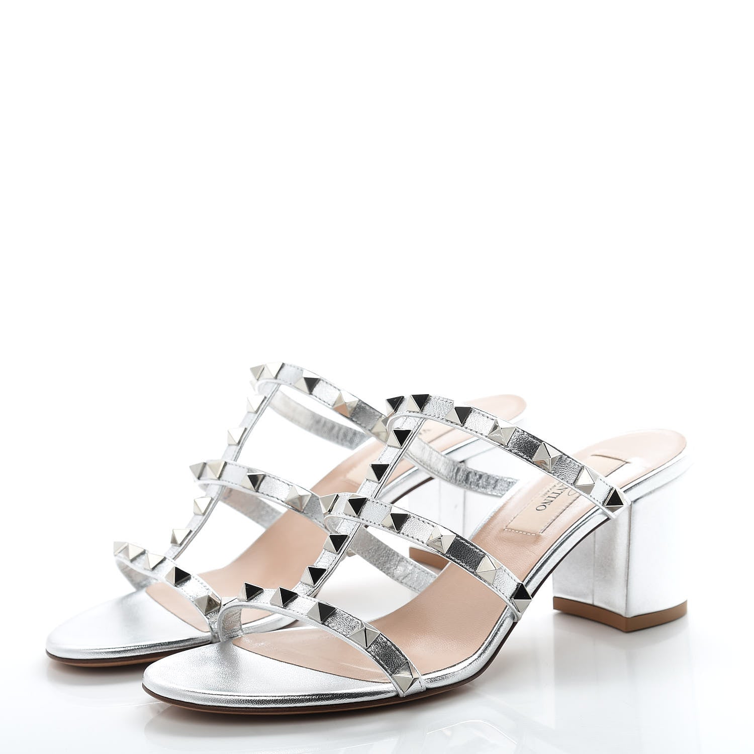 Valentino Garavani Metallic Nappa Rockstud 60mm Caged Slide Sandals 36.5 Silver 3 of 8