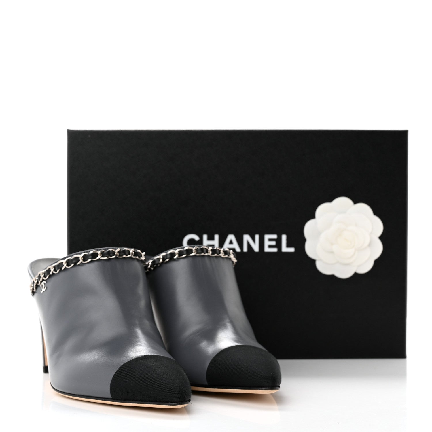 Chanel Lambskin Grosgrain Cap Toe Chain Mule 39.5 Grey 12 of 12