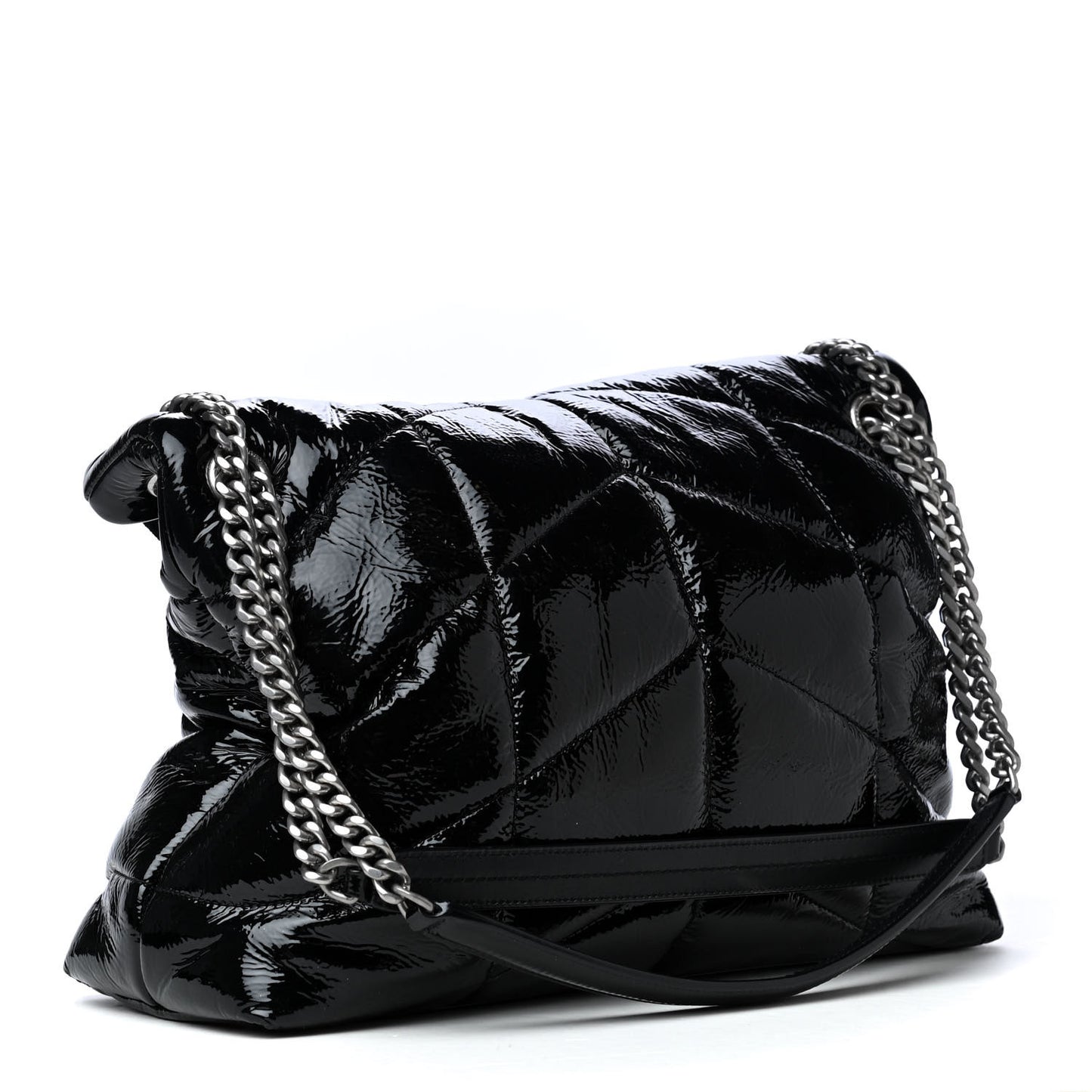 Patent Lambskin Quilted Medium Loulou Puffer Monogram Chain Satchel Black