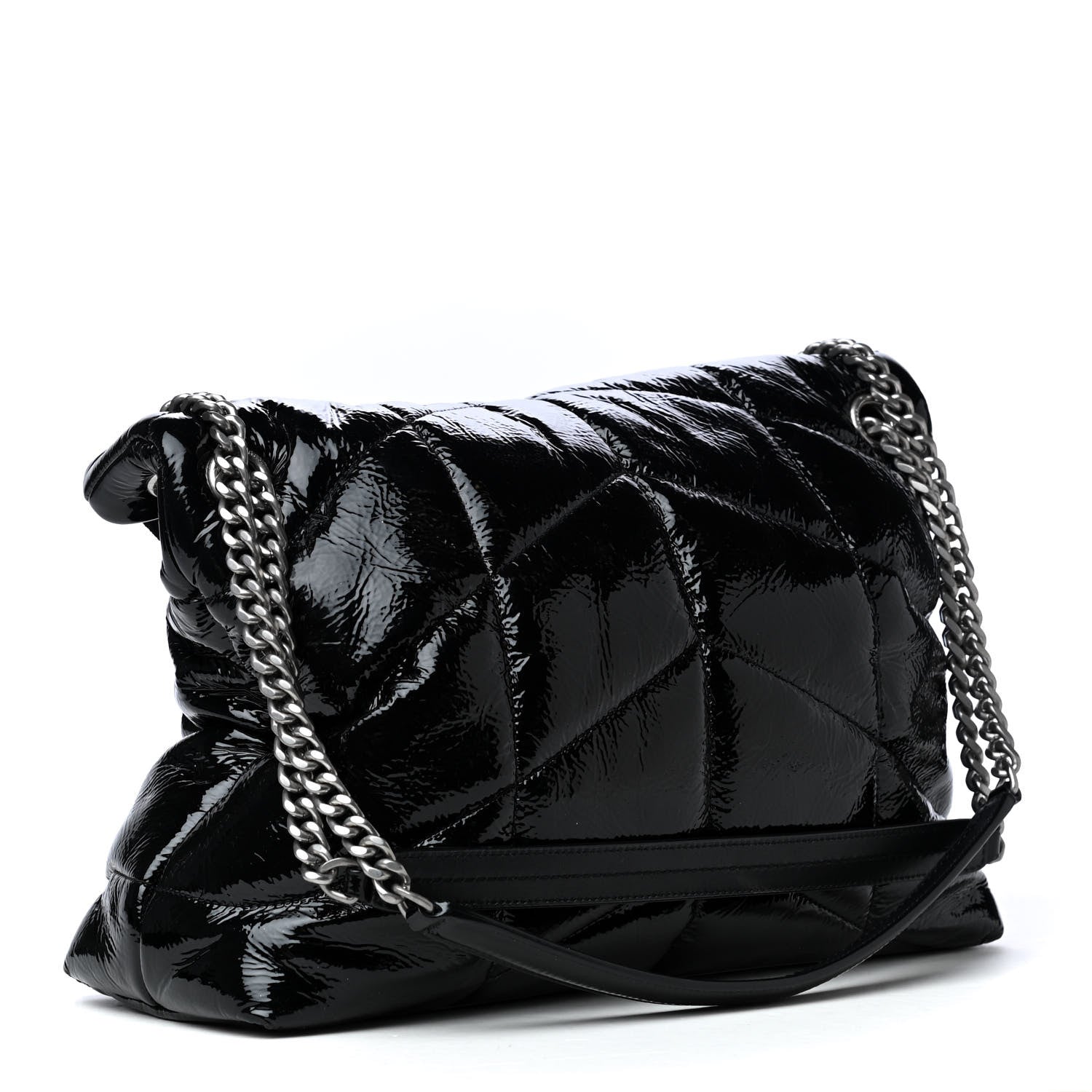 Saint Laurent Patent Lambskin Quilted Medium Loulou Puffer Monogram Chain Satchel Black 2 of 4