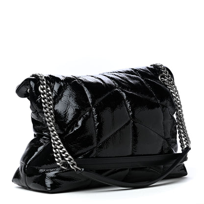 Saint Laurent Patent Lambskin Quilted Medium Loulou Puffer Monogram Chain Satchel Black 2 of 4
