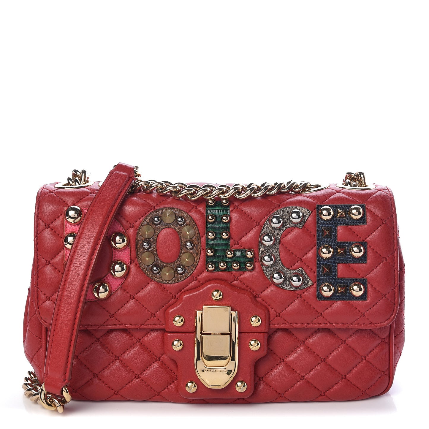 Lambskin Watersnake Embellished Lucia Shoulder Bag Red