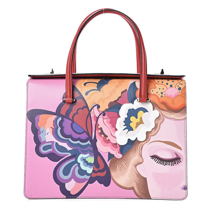 Prada Saffiano Butterfly Print Satchel Rosso Multicolor 1 of 9