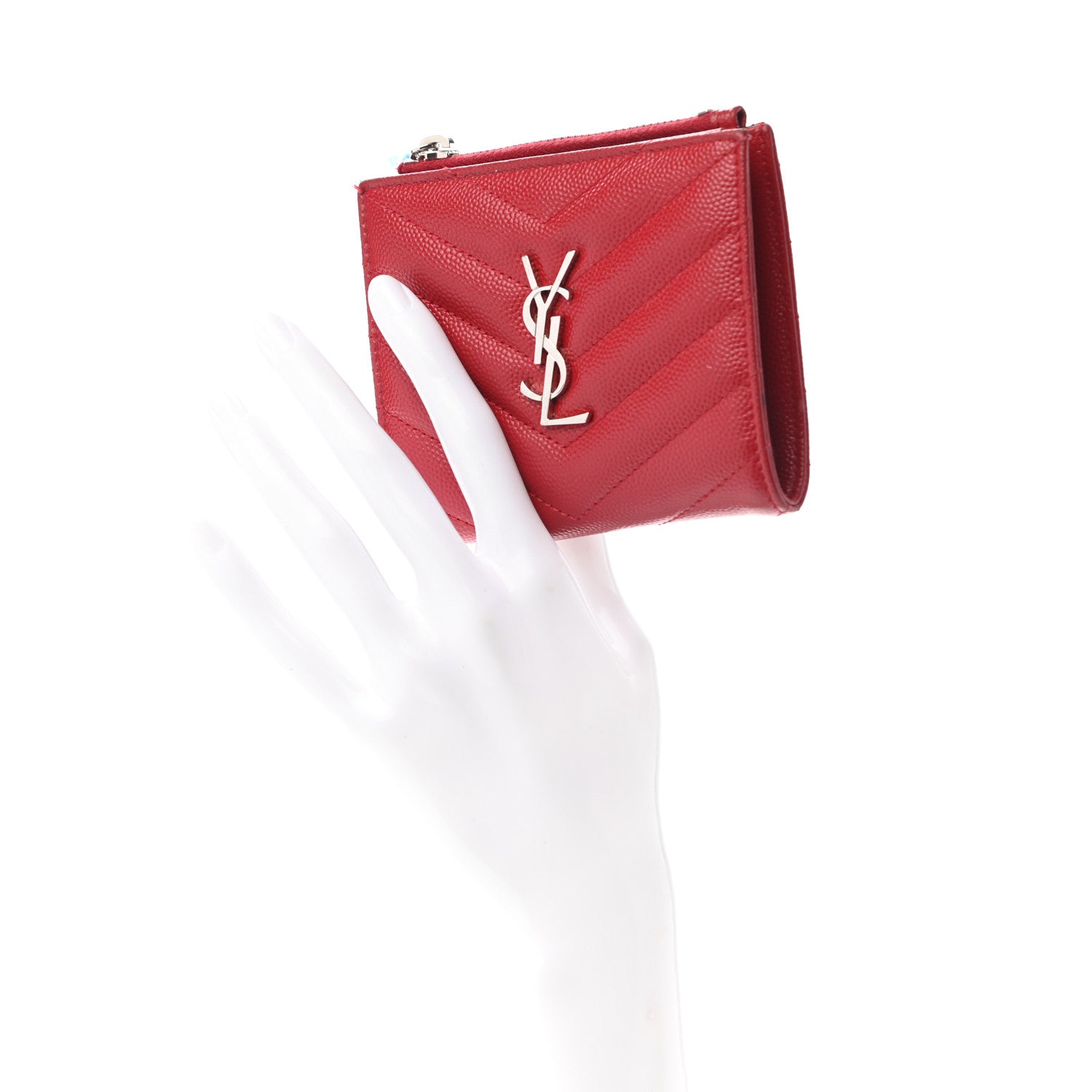 Saint Laurent Grain De Poudre Matelasse Chevron Monogram Zipped Card Case Rouge Eros 2 of 10
