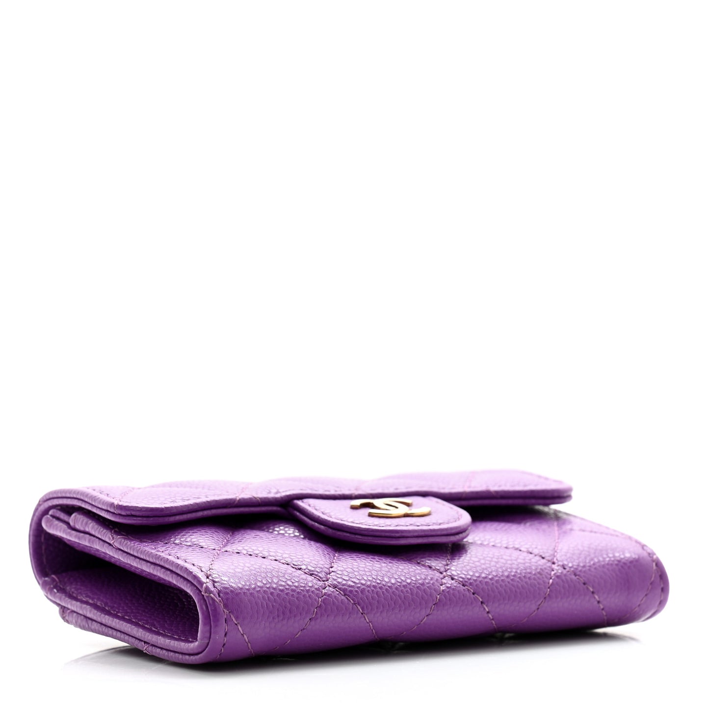 Caviar Quilted Flap Card Holder Wallet Purple