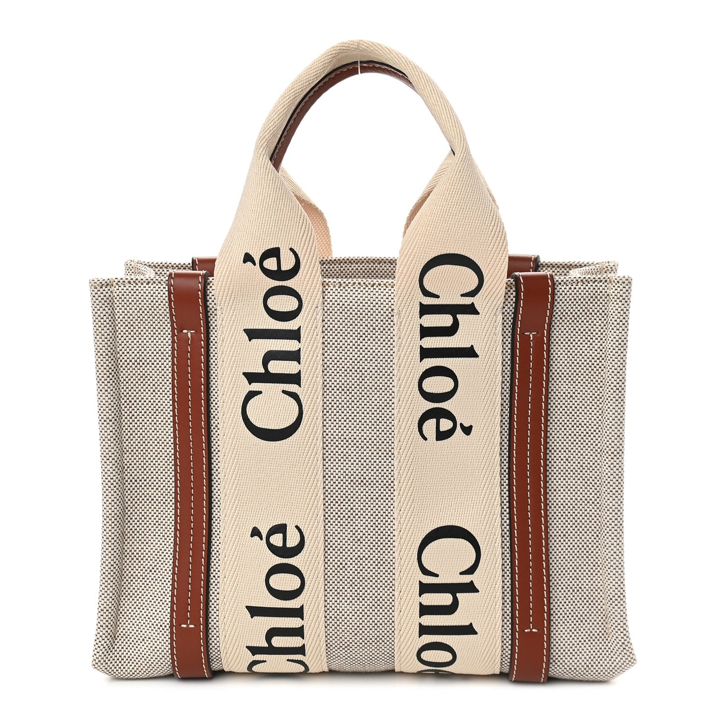 Cotton Calfskin Small Woody Ribbon Tote White Brown