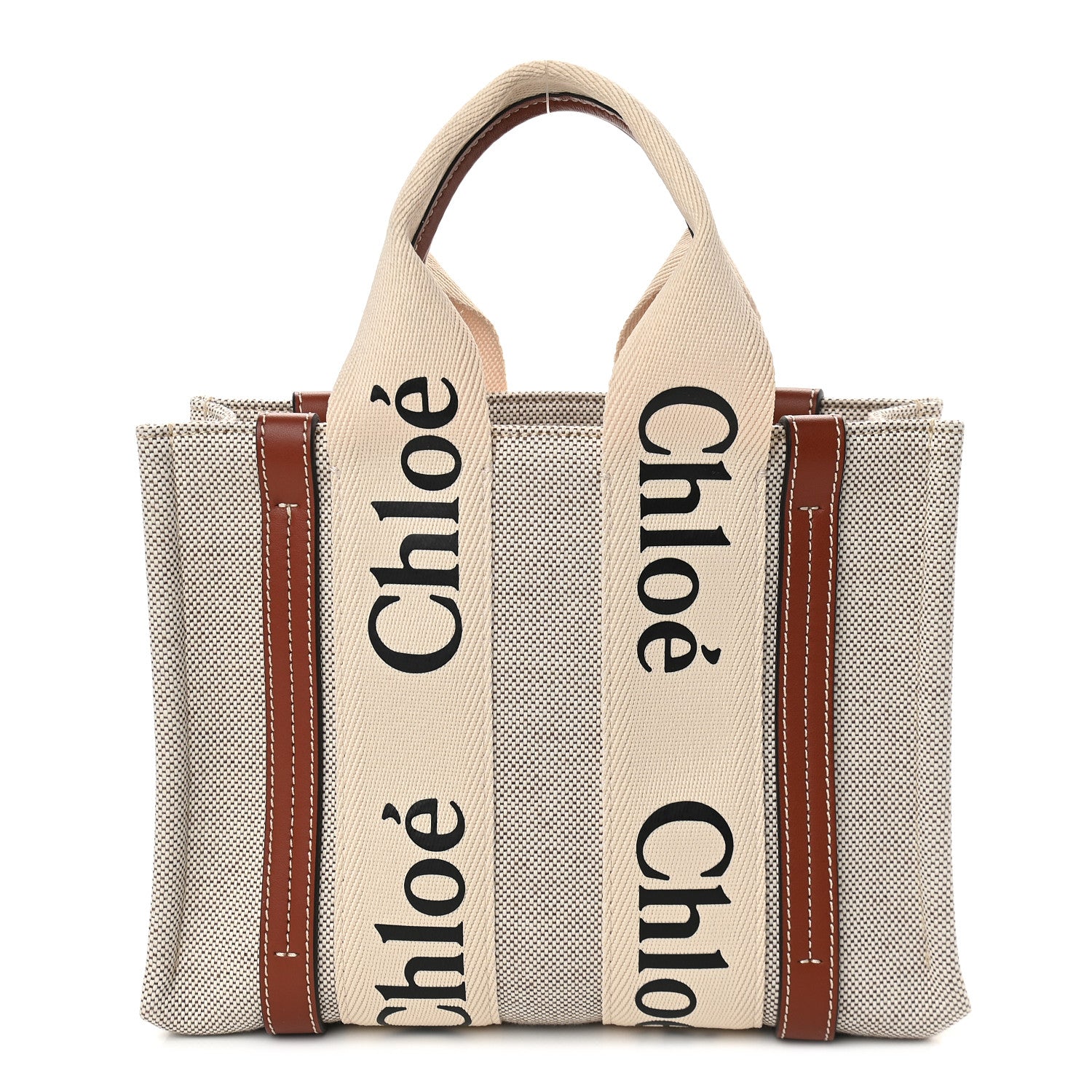 Chloe Cotton Calfskin Small Woody Ribbon Tote White Brown 1 of 9