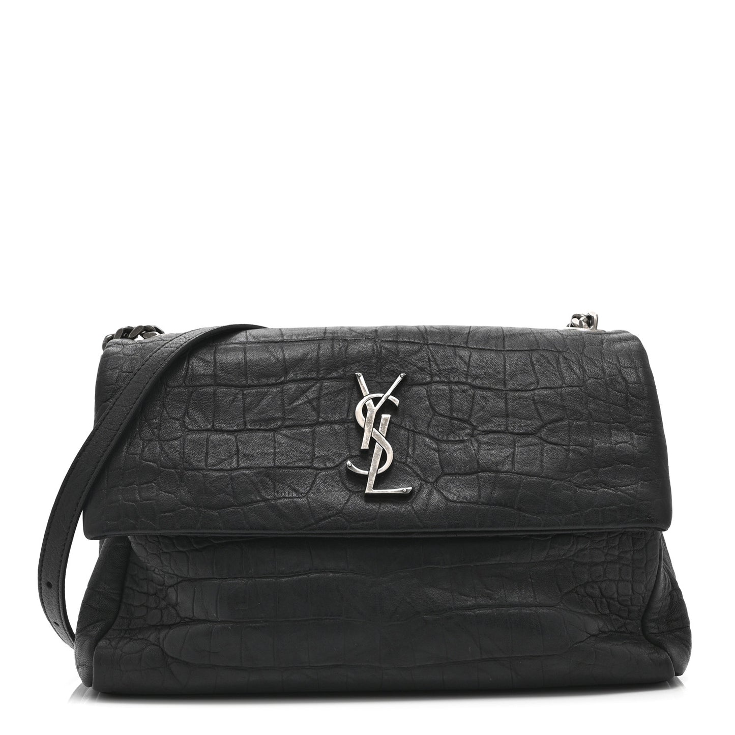 Calfskin Crocodile Embossed Medium West Hollywood Monogram Fold-Over Black