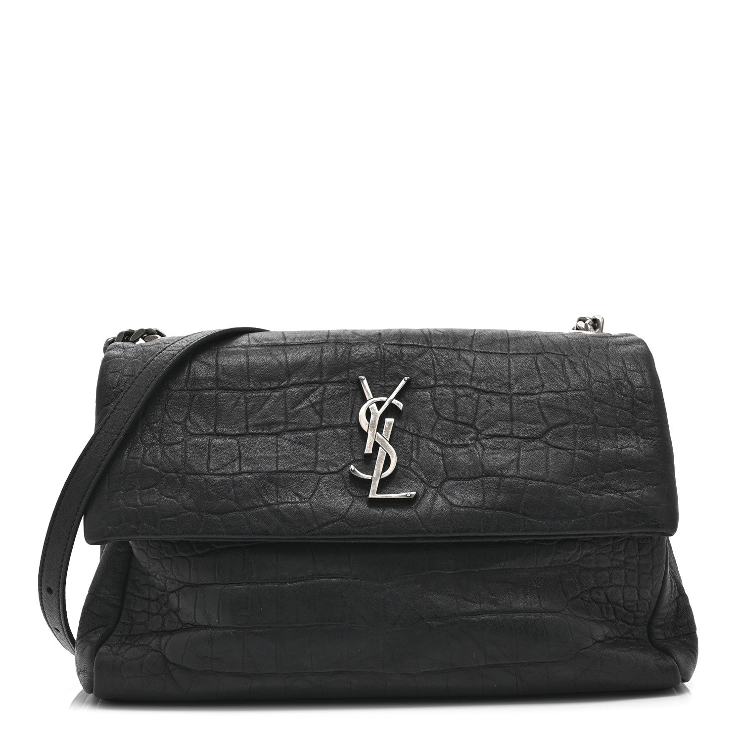 Saint Laurent Calfskin Crocodile Embossed Medium West Hollywood Monogram Fold-Over Black 1 of 10