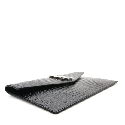 Saint Laurent Calfskin Crocodile Embossed Uptown Monogram Pouch Black 3 of 8