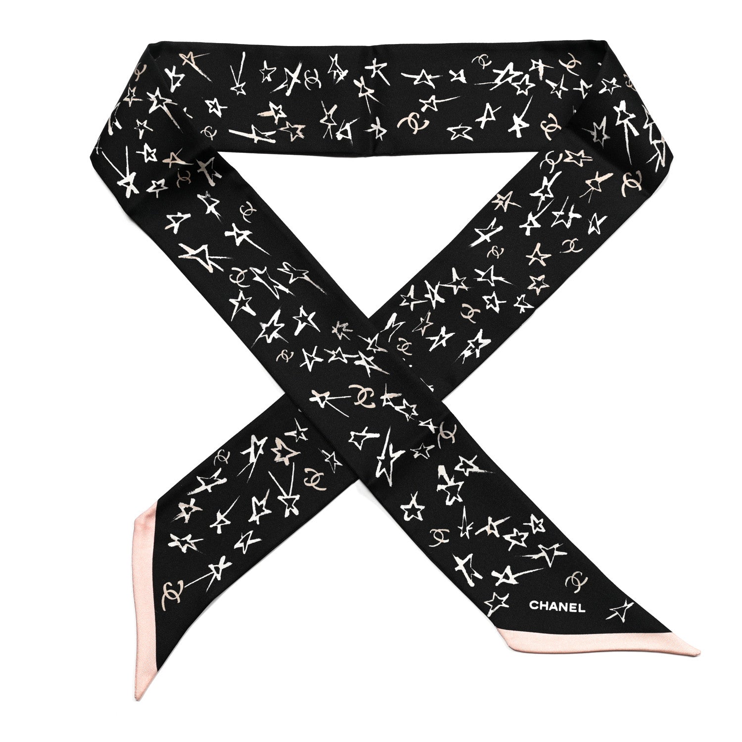 Chanel Silk Stars CC Slim Bandeau Scarf Black Ecru Light Pink 1 of 4