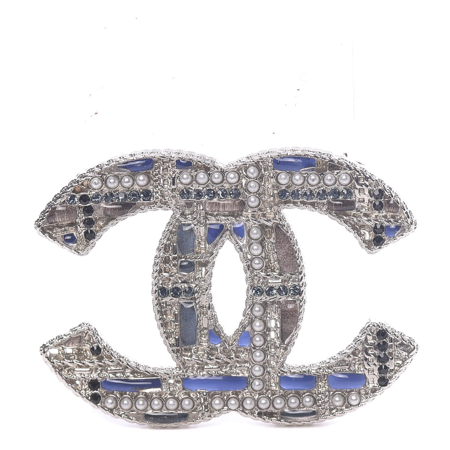 Chanel Crystal Pearl CC Tweed Brooch Blue White Pearly White 1 of 6