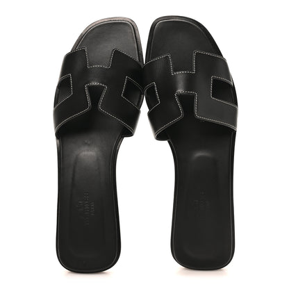 Hermes Box Calfskin Oran Sandals 39.5 Black 2 of 9
