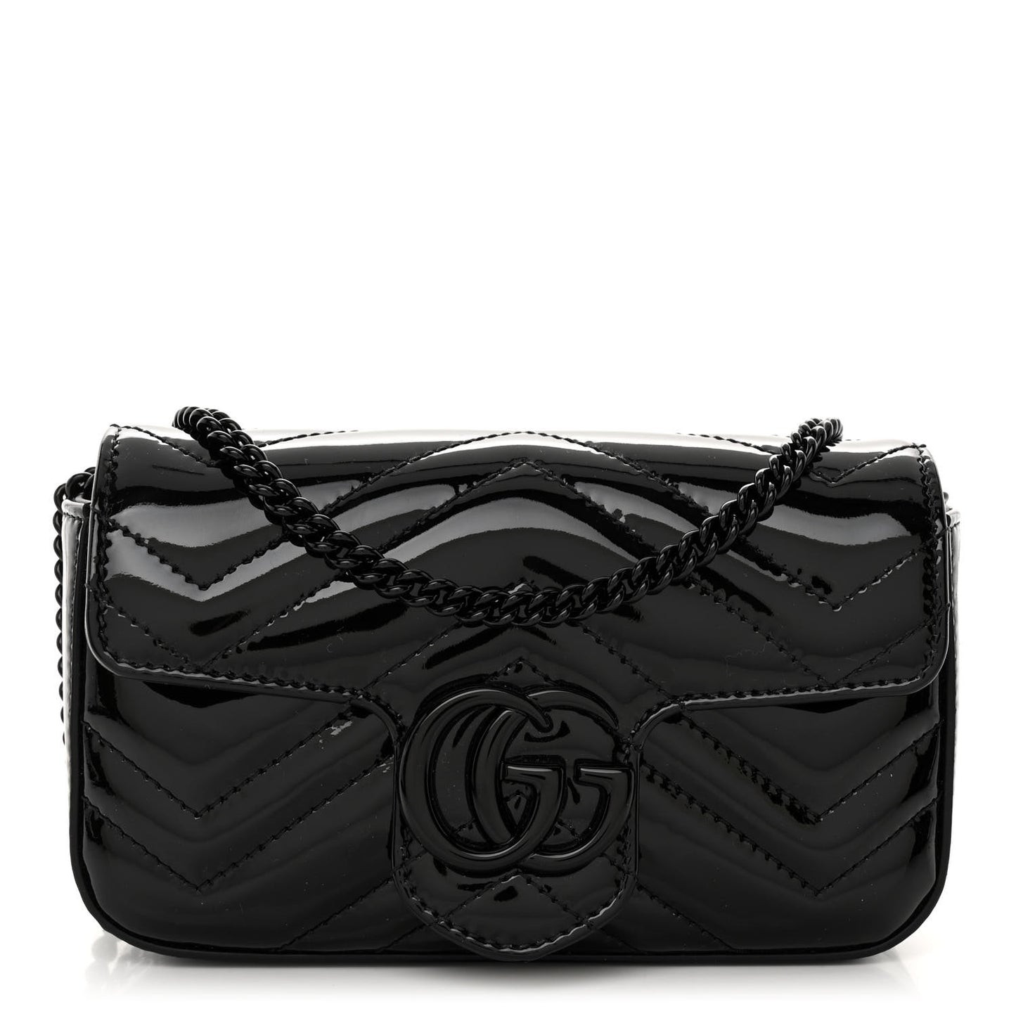 Patent Lambskin Enamel Matelasse Monochrome Super Mini GG Marmont Shoulder Bag Black