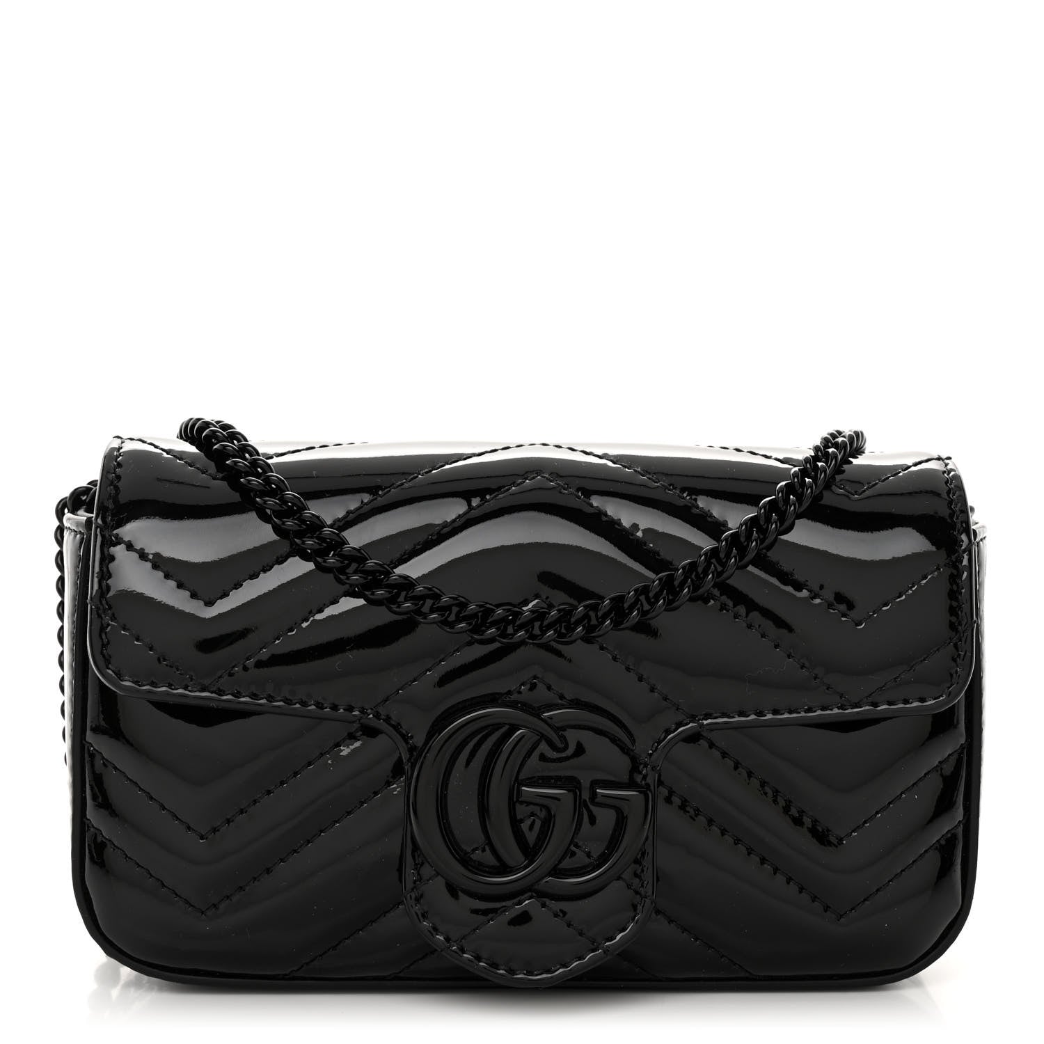 Gucci Patent Lambskin Enamel Matelasse Monochrome Super Mini GG Marmont Shoulder Bag Black 1 of 9