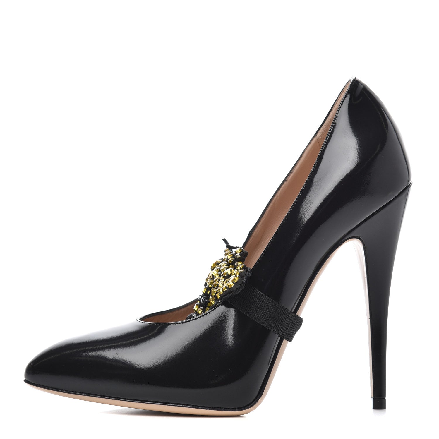 Gucci Polished Calfskin Removable Bee Elaisa Platform High Heel Pumps 38.5 Black 1 of 16