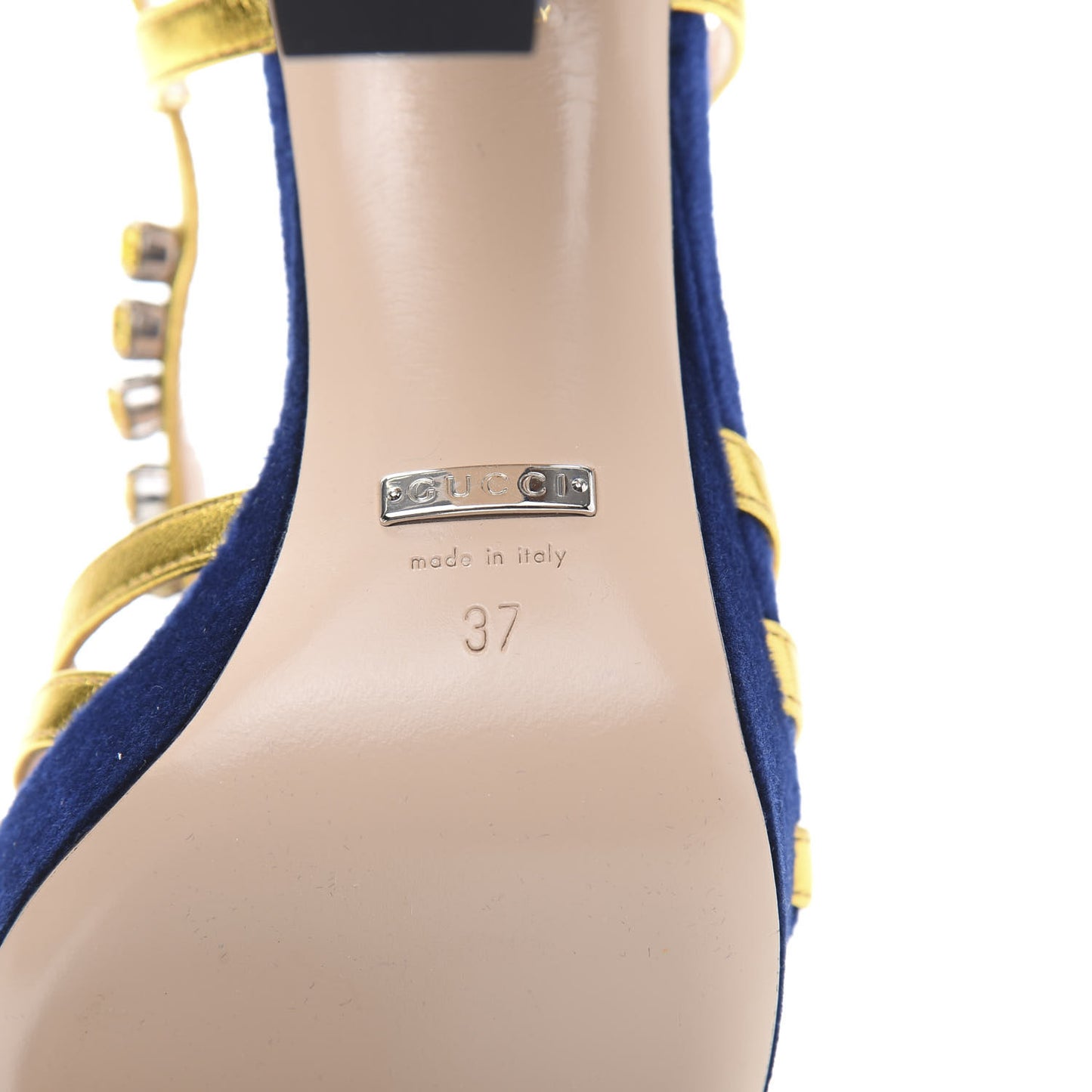 Velvet Nappa Crystal Zephyra Slingback Platform High Heel Sandals 37 Blue Gold