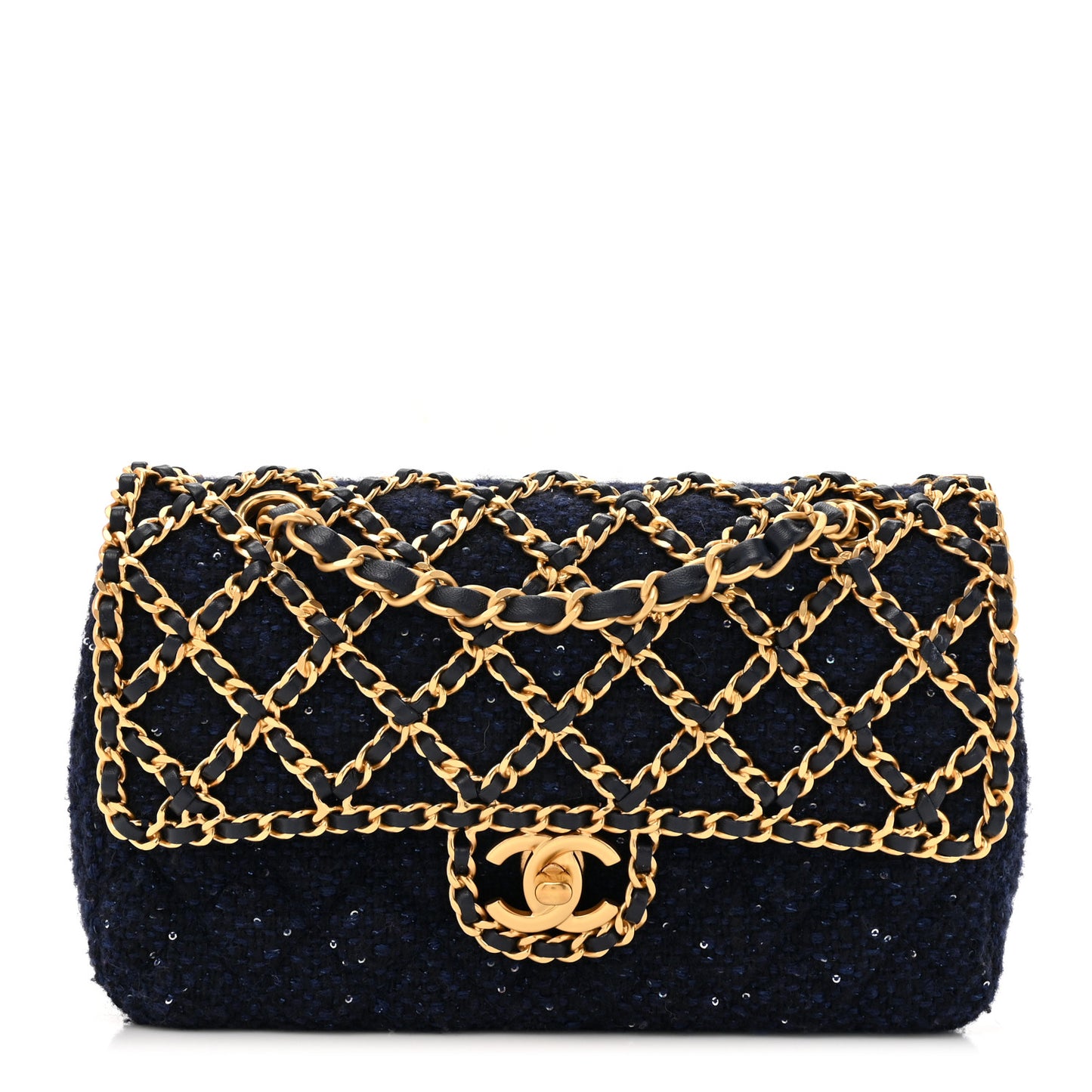 Tweed Sequin Timeless Classic Chained Double Flap Navy Blue