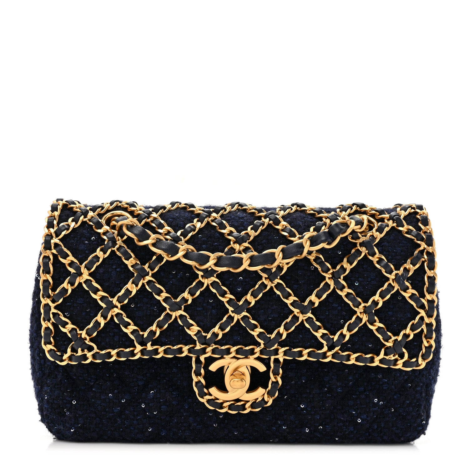 Chanel Tweed Sequin Timeless Classic Chained Double Flap Navy Blue 1 of 11