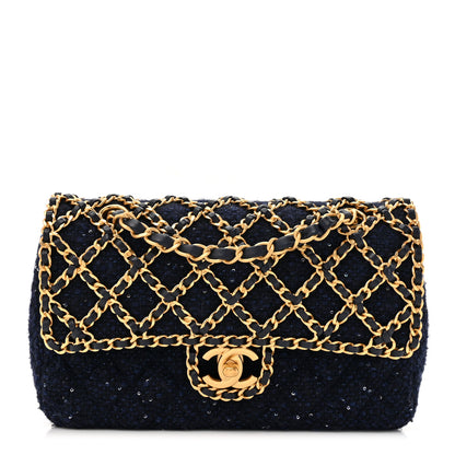 Chanel Tweed Sequin Timeless Classic Chained Double Flap Navy Blue 1 of 11