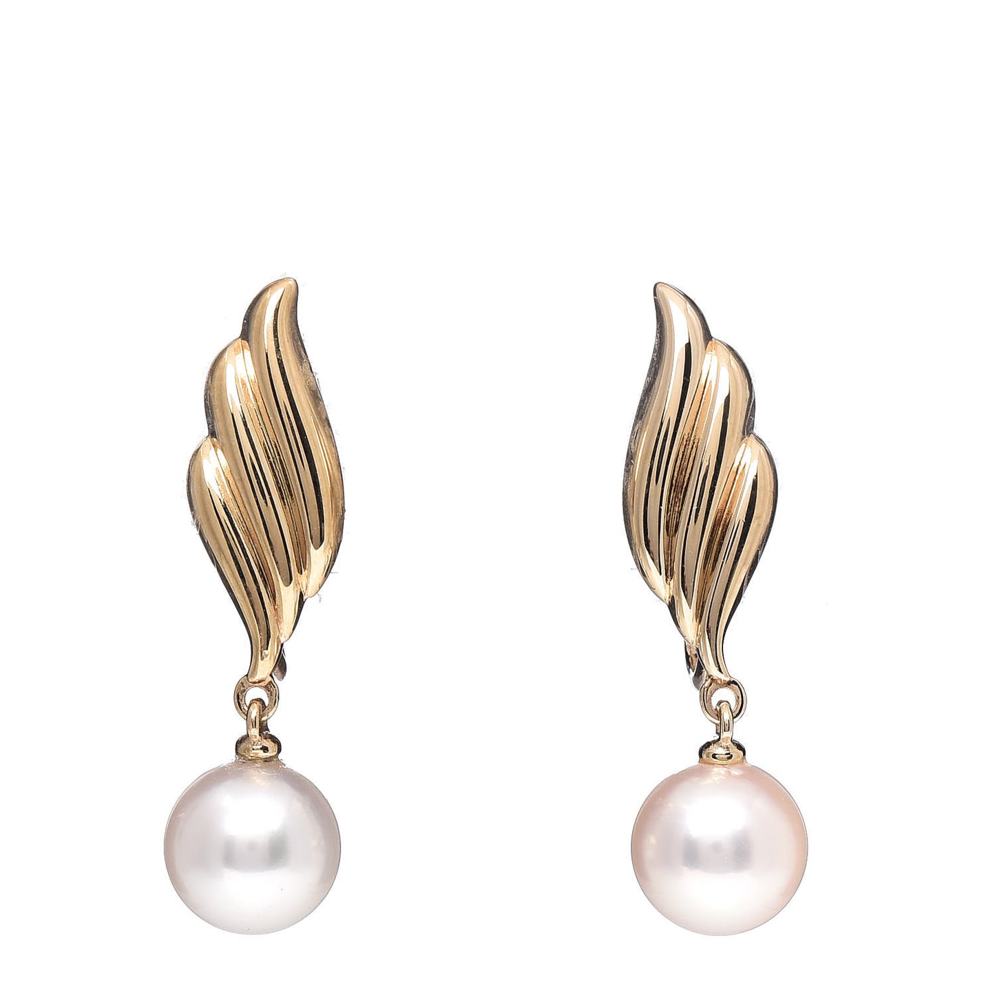 18K Yellow Gold Akoya Pearl 7-7.5mm Leaf Drop Screw-Back Earrings
