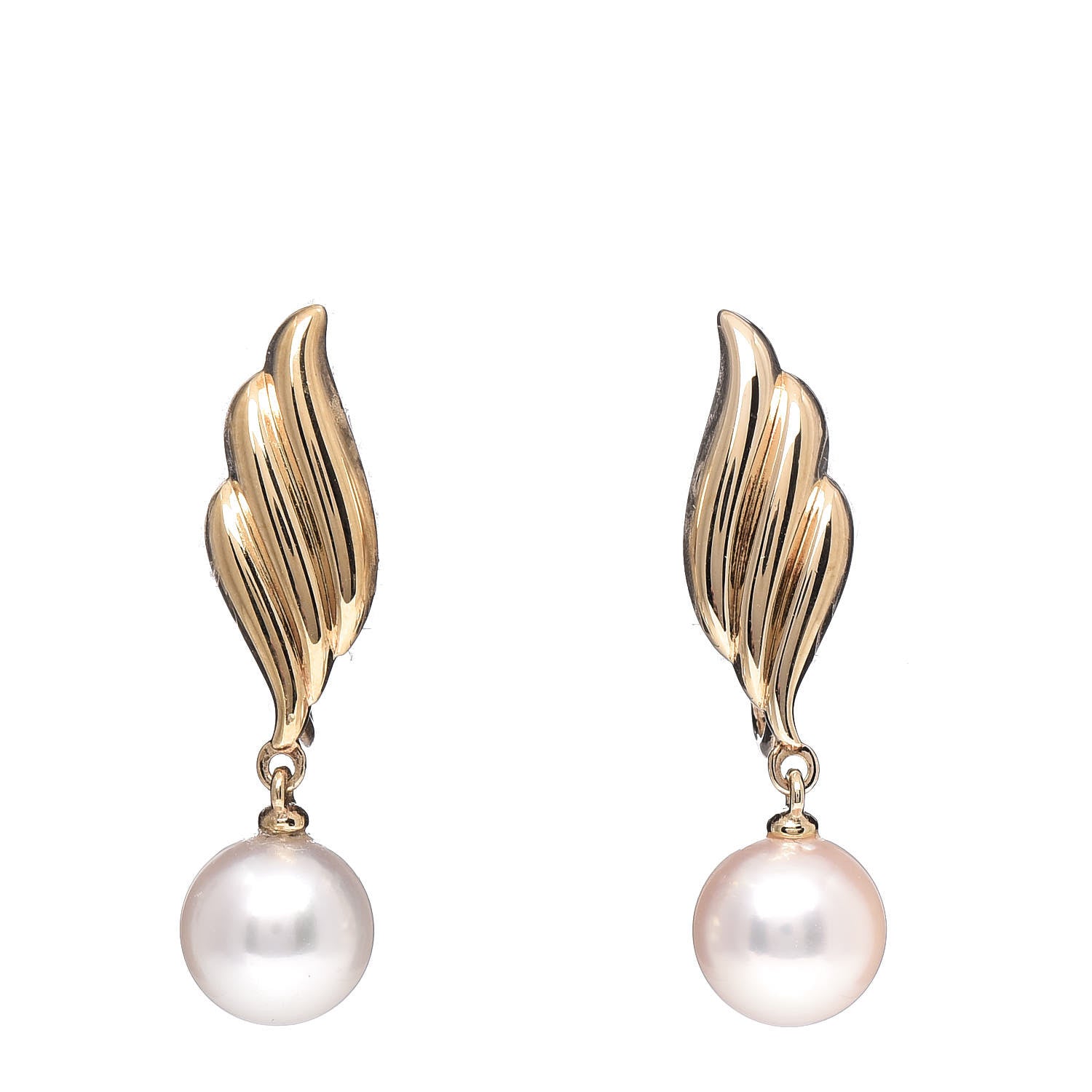 Mikimoto 18K Yellow Gold Akoya Pearl 7-7.5mm Leaf Drop Screw-Back Earrings 1 of 4