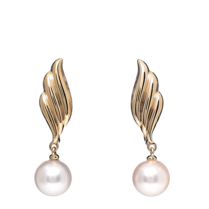 Mikimoto 18K Yellow Gold Akoya Pearl 7-7.5mm Leaf Drop Screw-Back Earrings 1 of 4