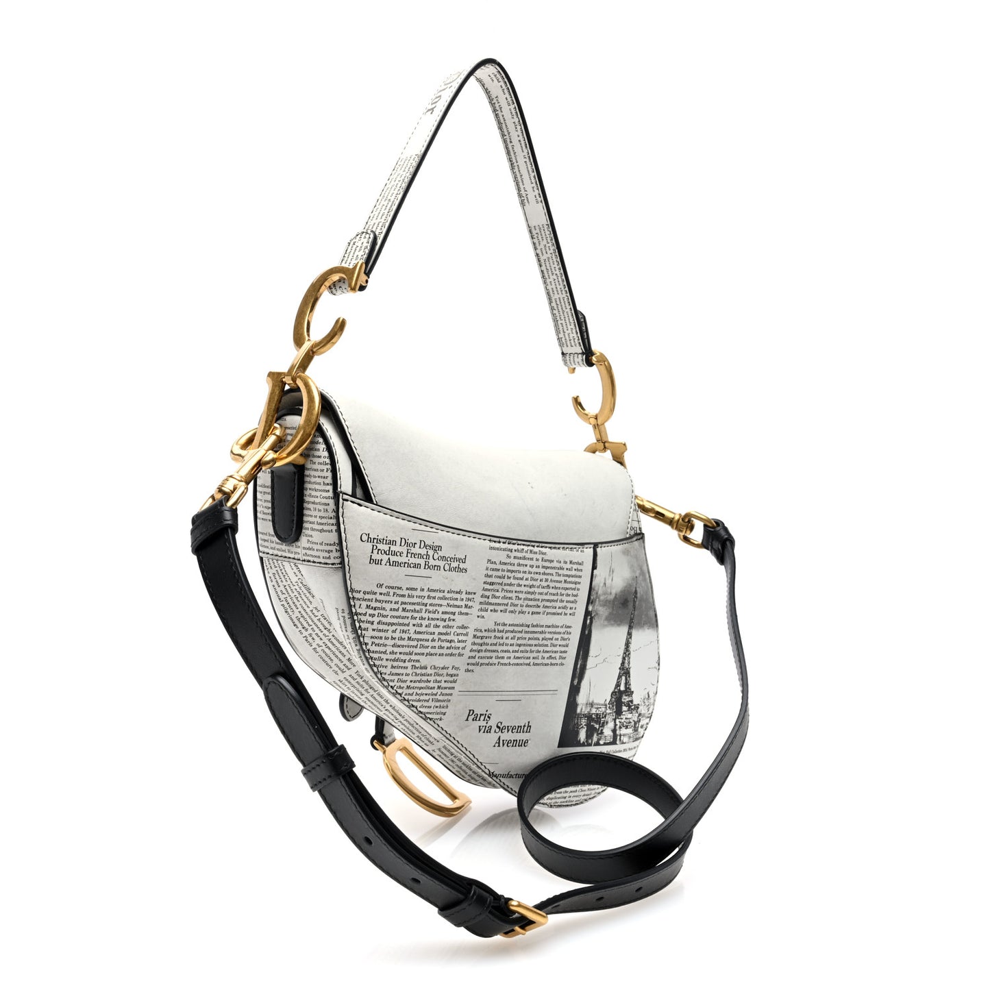 Calfskin Newspaper Printed Saddle Bag With Strap Black White