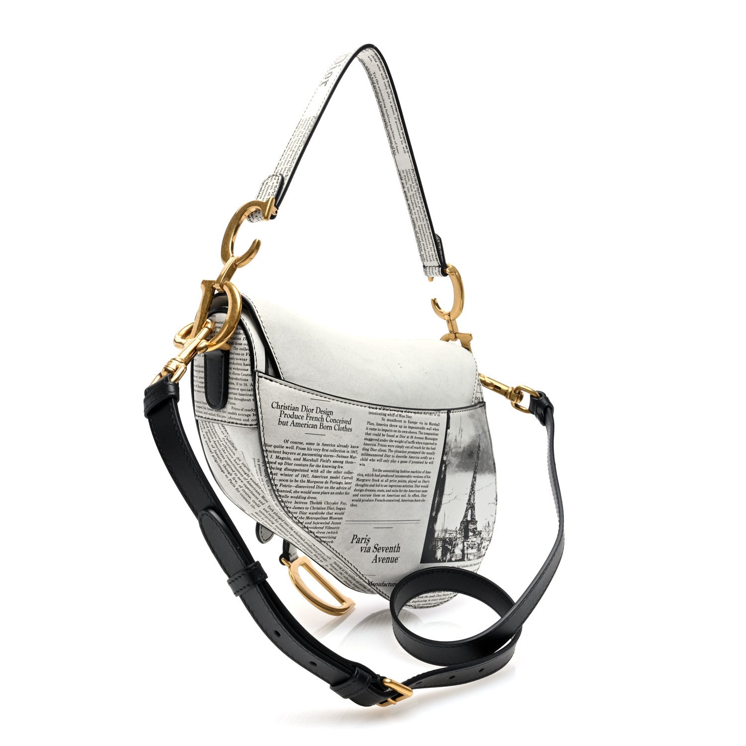 Christian Dior Calfskin Newspaper Printed Saddle Bag With Strap Black White 3 of 10