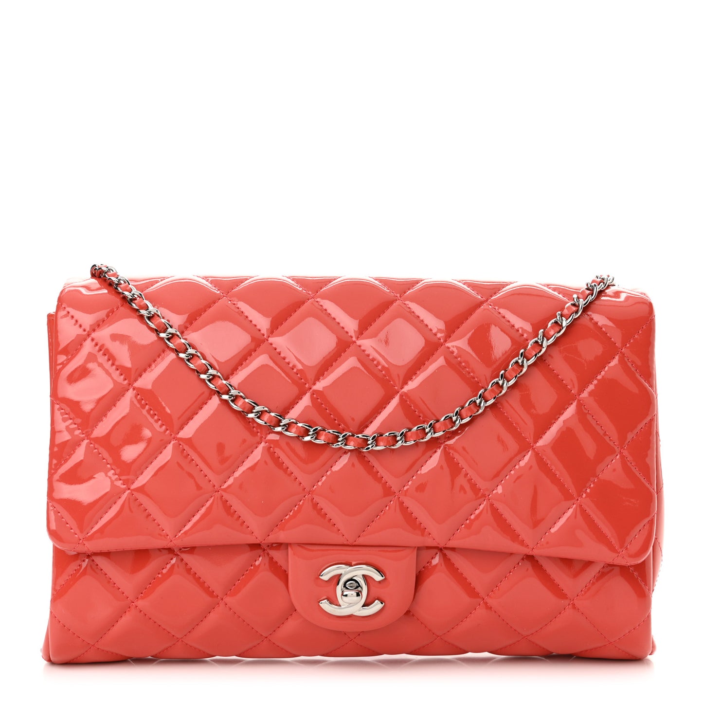Patent Quilted Clutch With Chain Flap Fuchsia