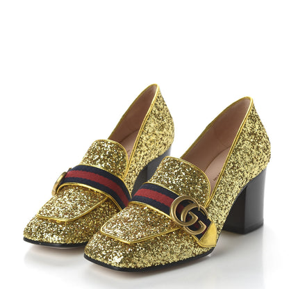 Gucci Glitter Nappa Web Peyton 75mm Loafer Pumps 36.5 Oro Vecchio 3 of 9