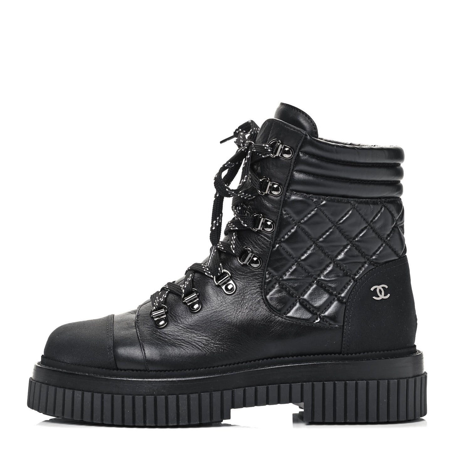 Calfskin Grosgrain Quilted Lace Up Boots 40 Black Grey