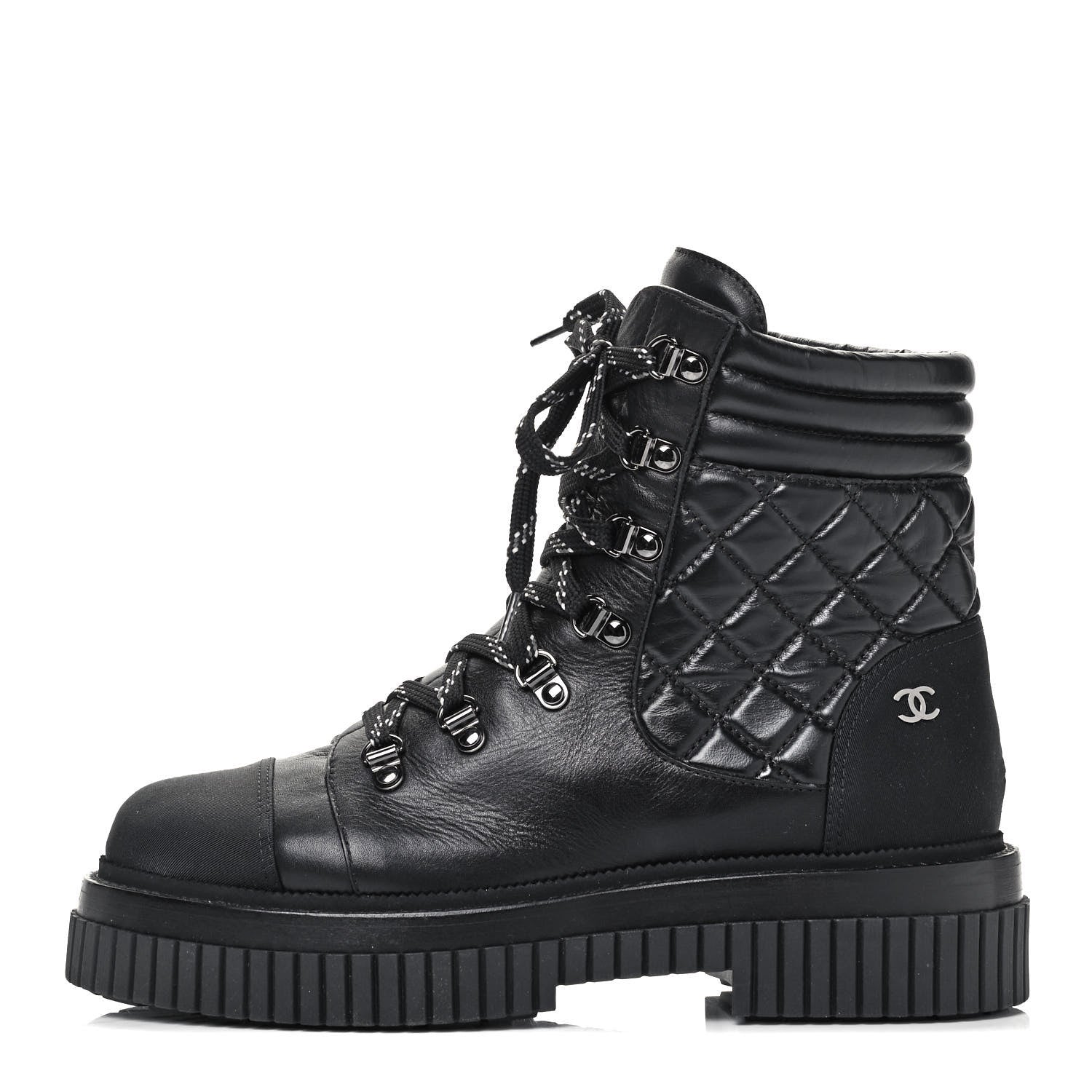 Chanel Calfskin Grosgrain Quilted Lace Up Boots 40 Black Grey 1 of 8