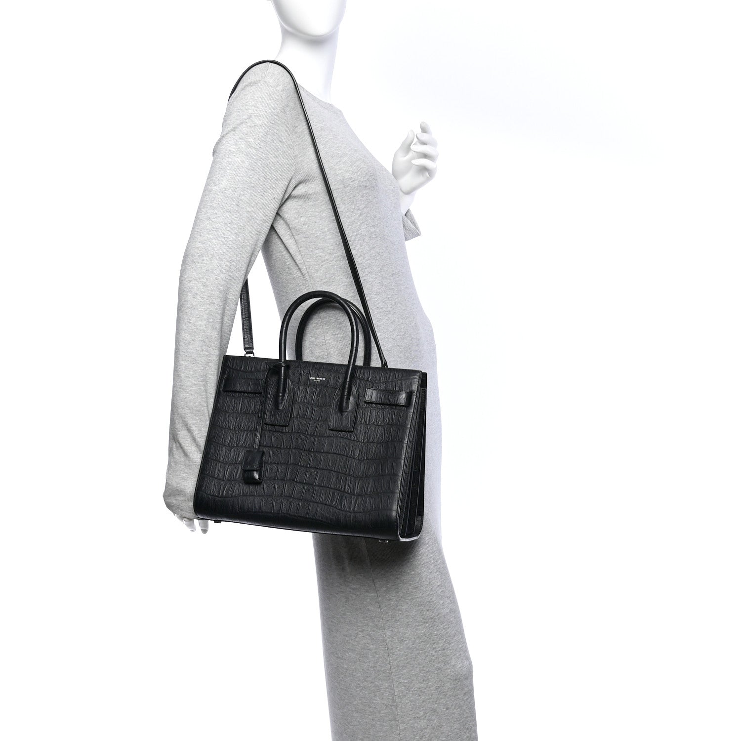 Saint Laurent Calfskin Crocodile Embossed Small Sac de Jour Black 2 of 12