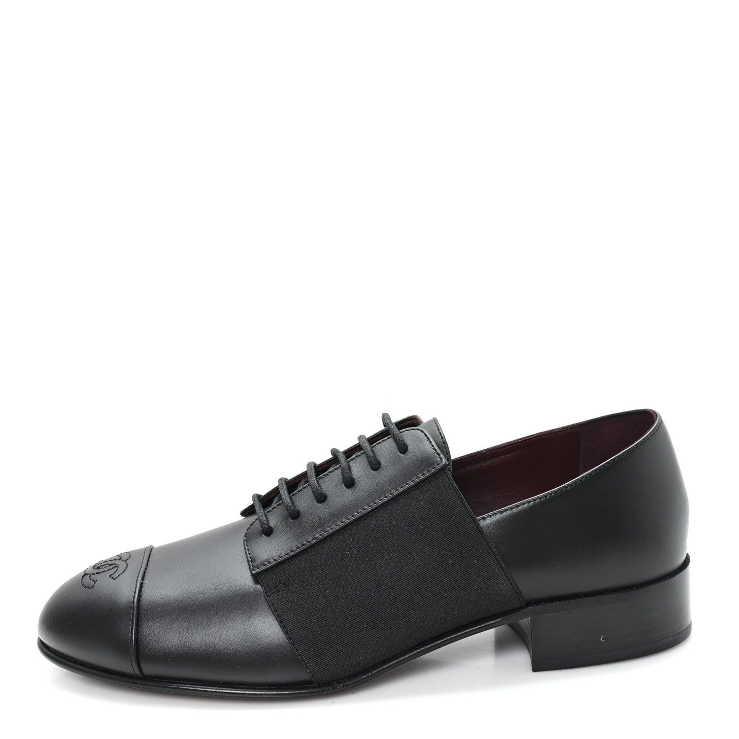 Chanel Calfskin Elastic Lace Up Cap Toe CC Loafers 37.5 Black 1 of 9