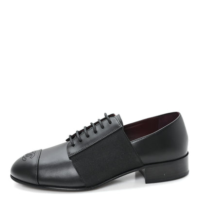 Chanel Calfskin Elastic Lace Up Cap Toe CC Loafers 37.5 Black 1 of 9