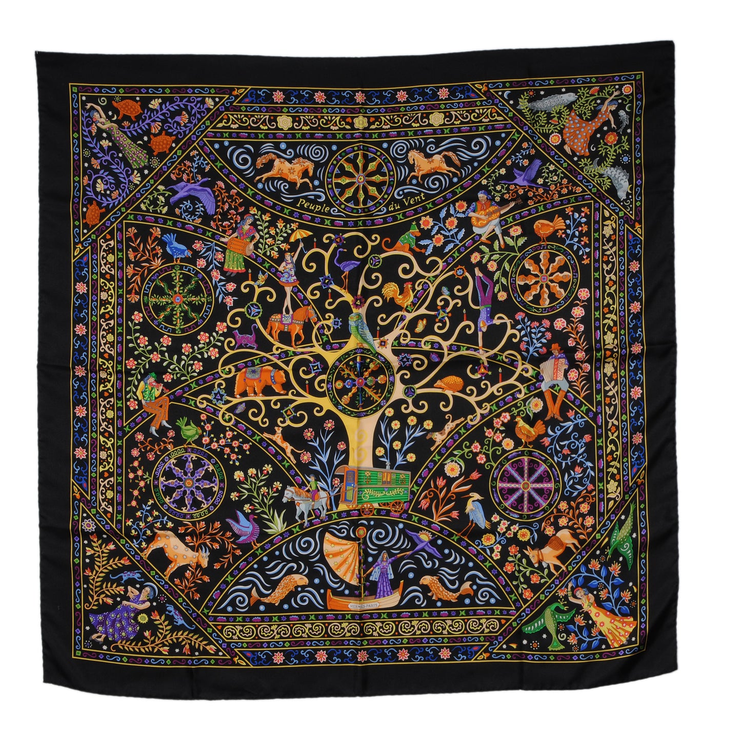 Silk Peuple Du Vent Scarf 90 Noir Vert Vif Violet
