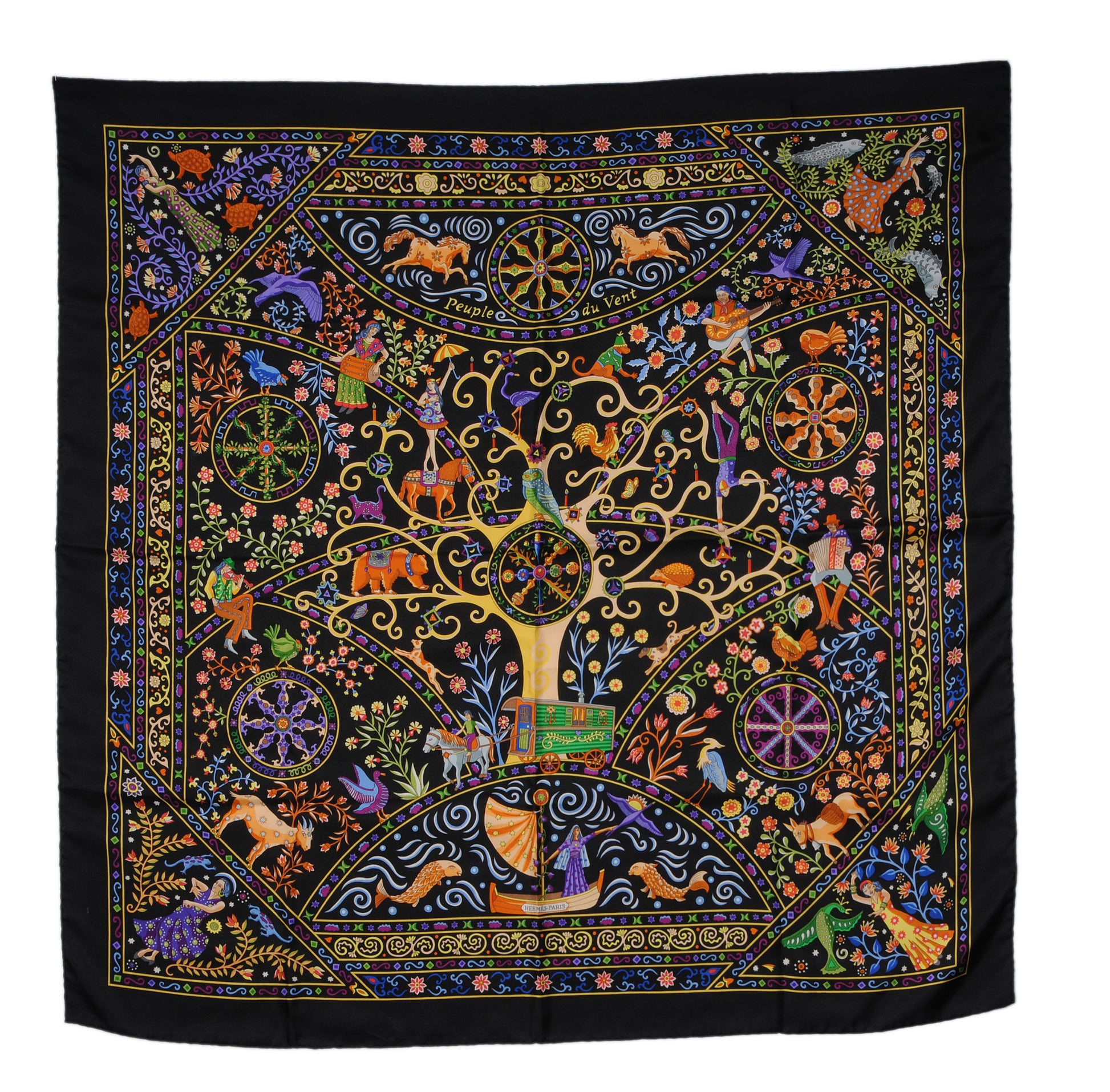 Hermes Silk Peuple Du Vent Scarf 90 Noir Vert Vif Violet 2 of 5
