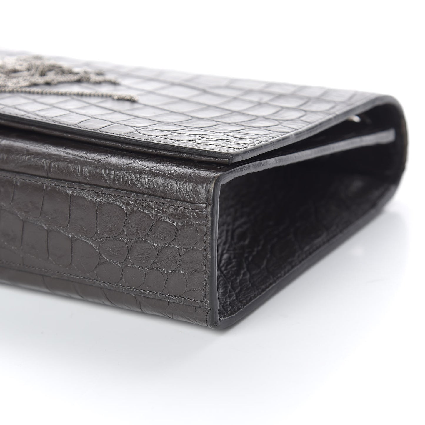 Calfskin Crocodile Embossed Medium Classic Monogram Kate Tassel Satchel Earth Grey