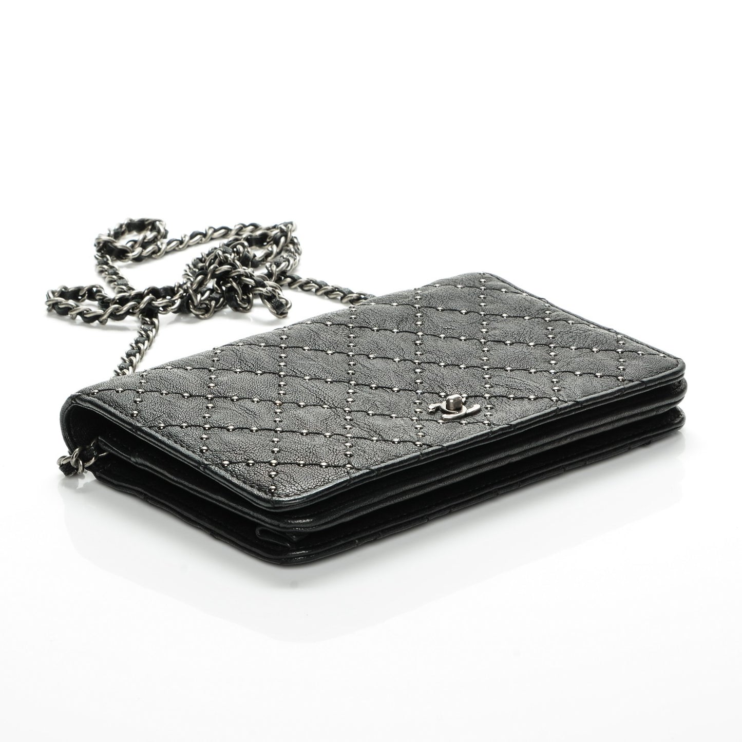 Crumpled Lambskin Studded Paris Dallas Wallet On Chain WOC Black