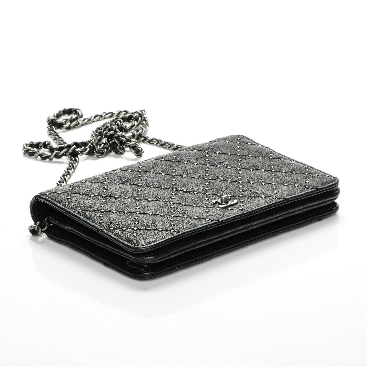 Chanel Crumpled Lambskin Studded Paris Dallas Wallet On Chain WOC Black 4 of 8