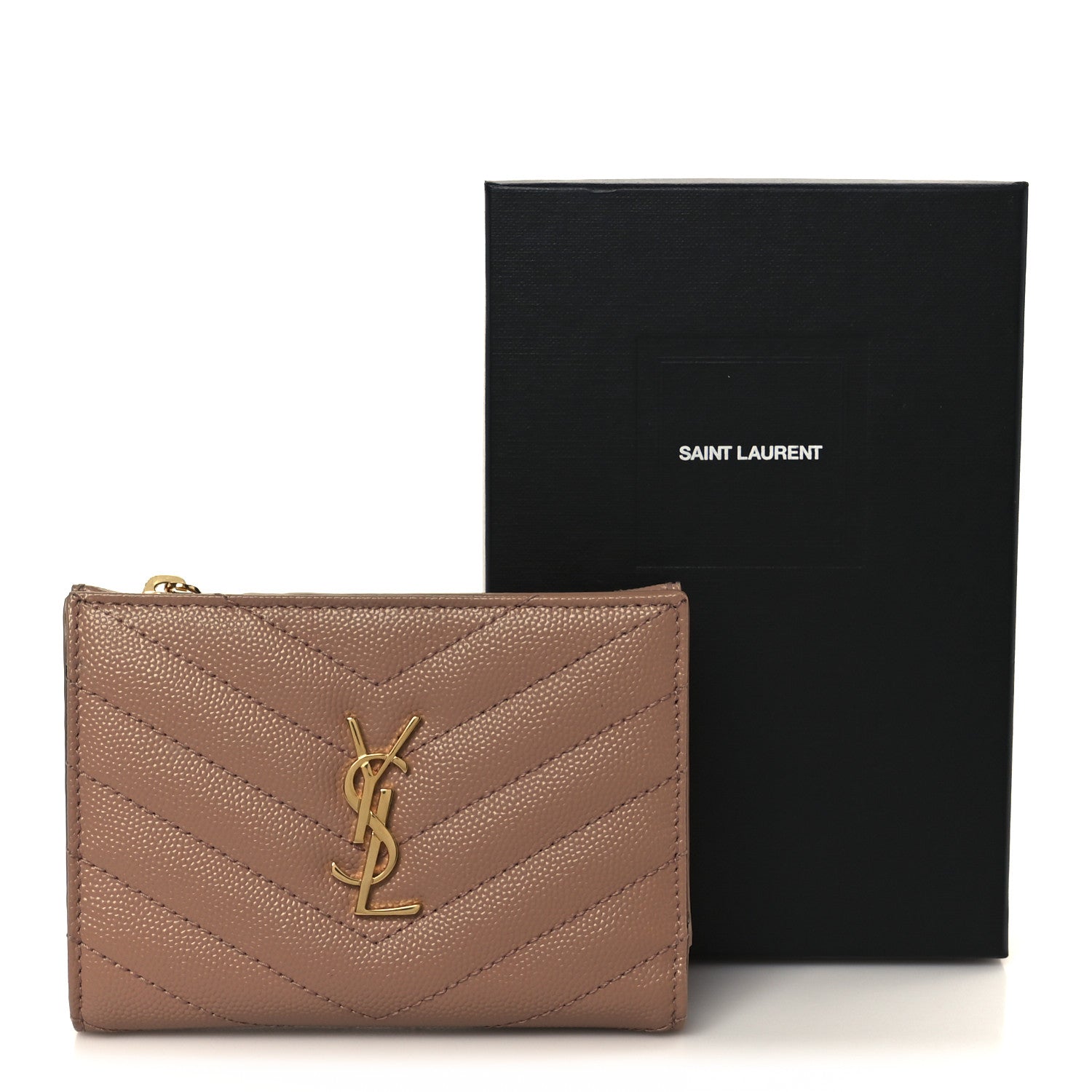 Saint Laurent Grain De Poudre Matelasse Chevron Monogram Zipped Two-Part Wallet Dark Beige 10 of 10