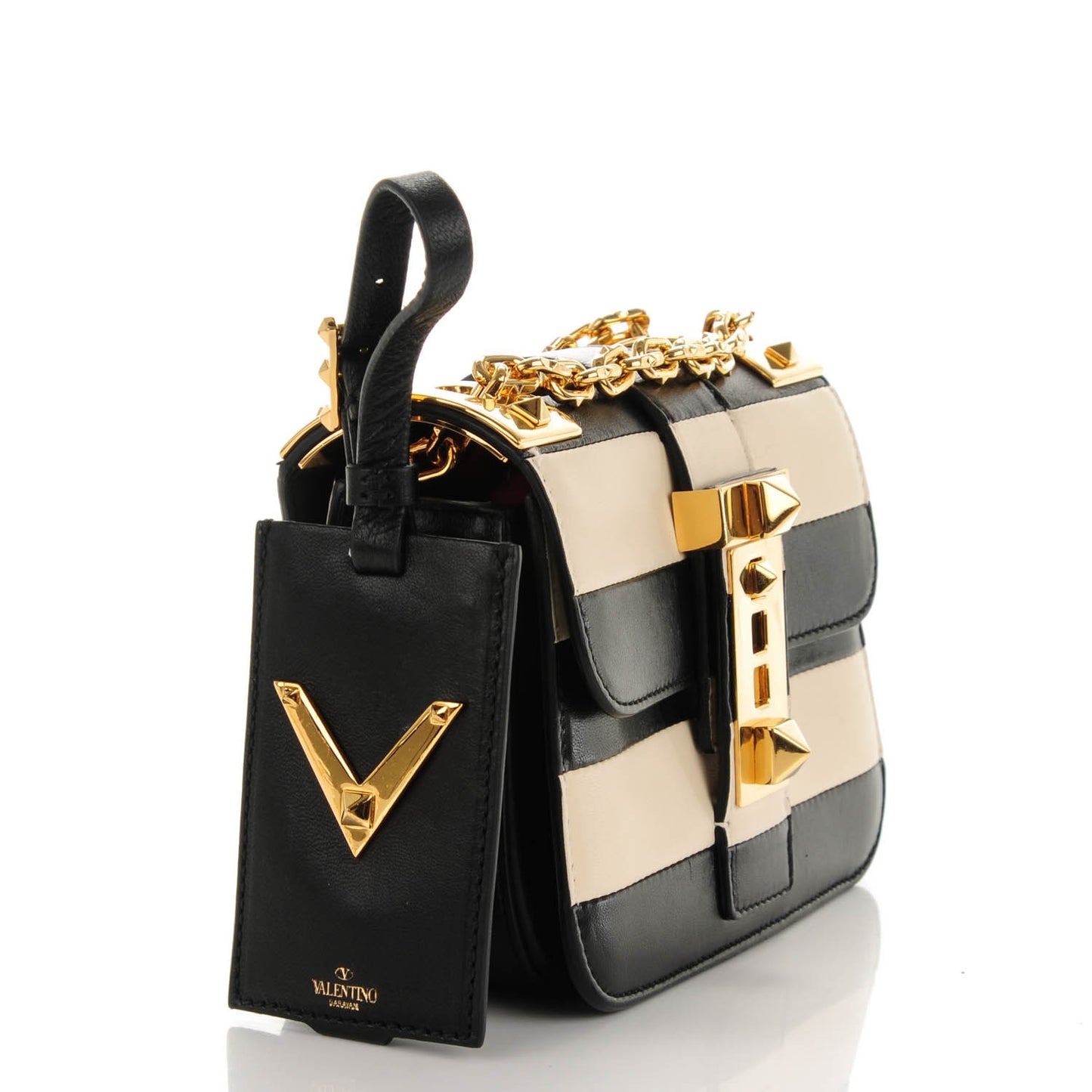 Calfskin Monochrome Striped Small B-Rockstud Flap Black Ivory