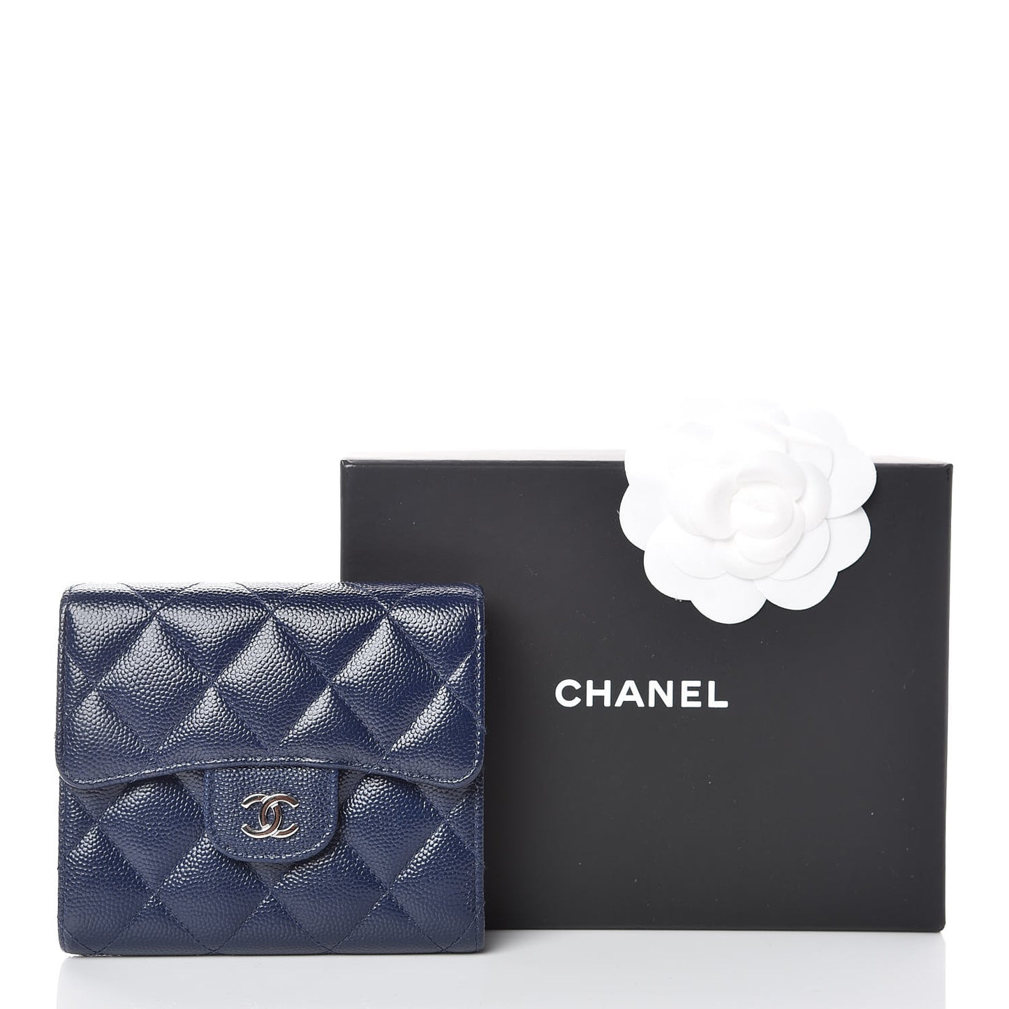 Caviar Quilted Compact Flap Wallet Navy