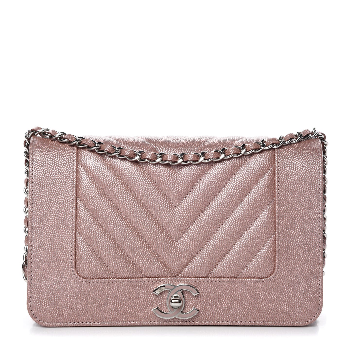 Metallic Caviar Chevron Quilted Vintage Mademoiselle Wallet On Chain WOC Pink