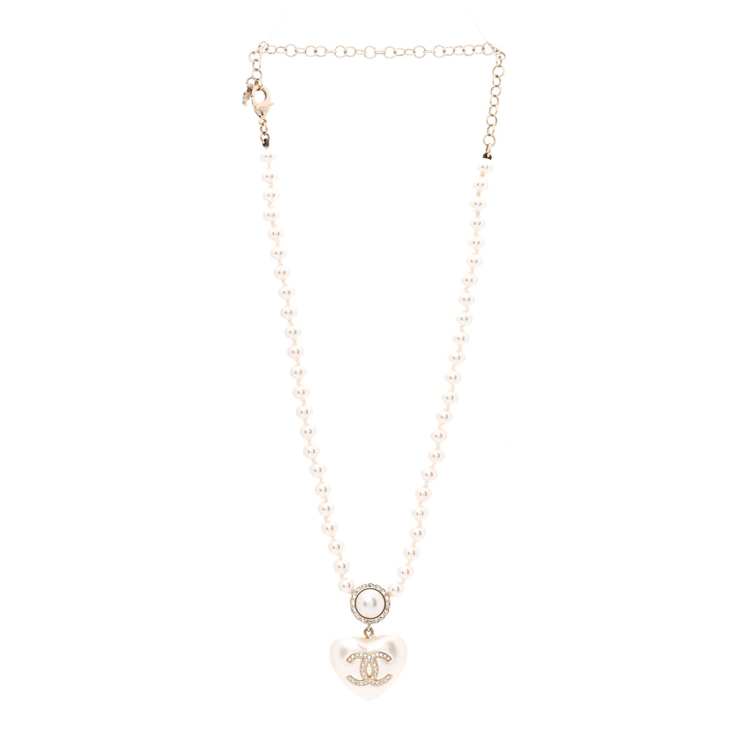 Pearl Crystal CC Heart Short Necklace Pearly White Gold