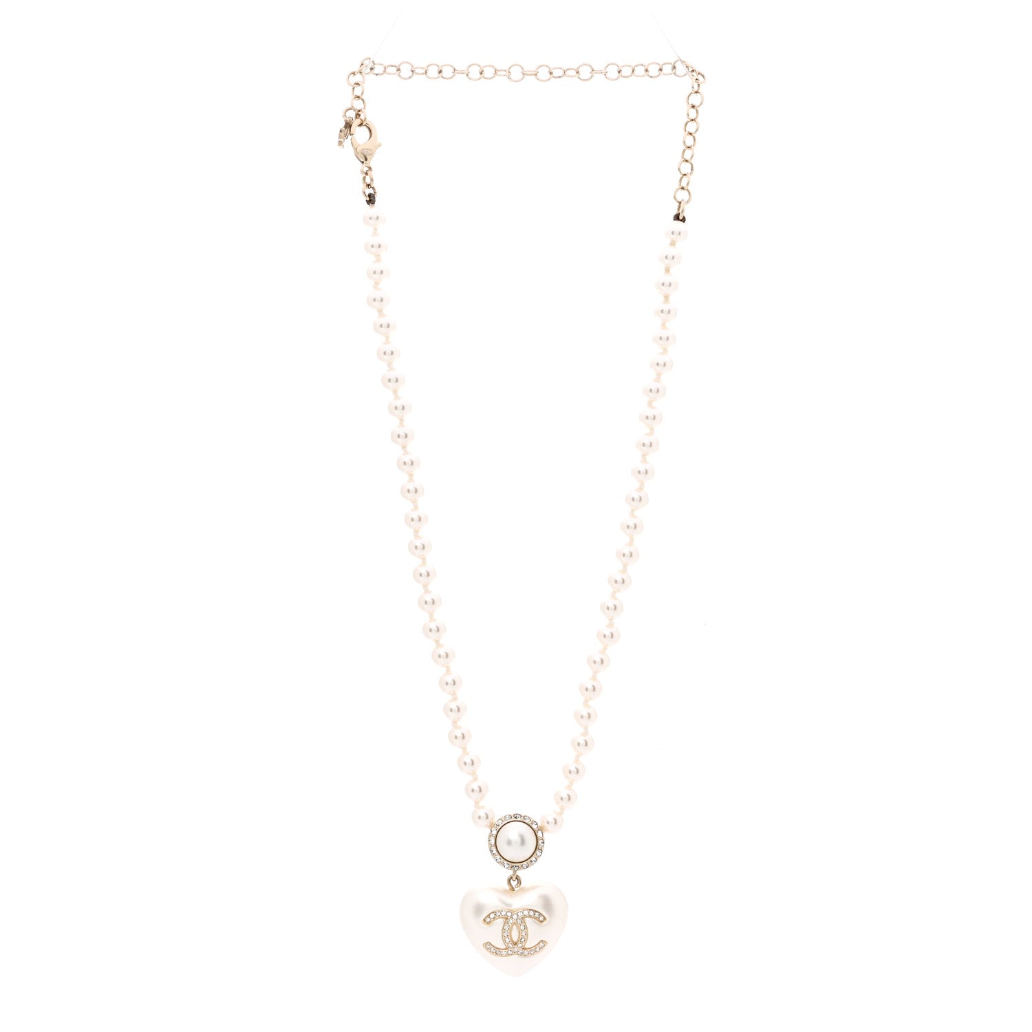 Chanel Pearl Crystal CC Heart Short Necklace Pearly White Gold 3 of 7