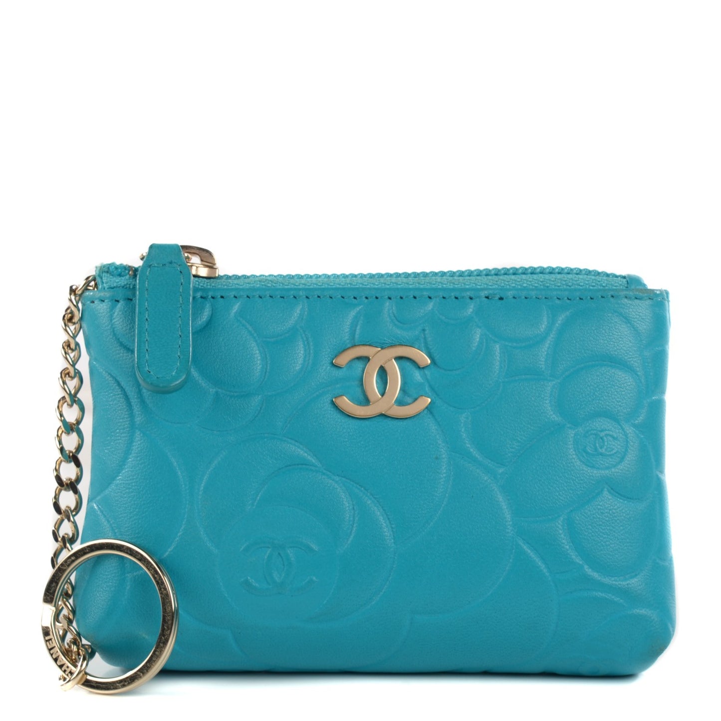 Lambskin Camellia Embossed Key Holder Case Turquoise